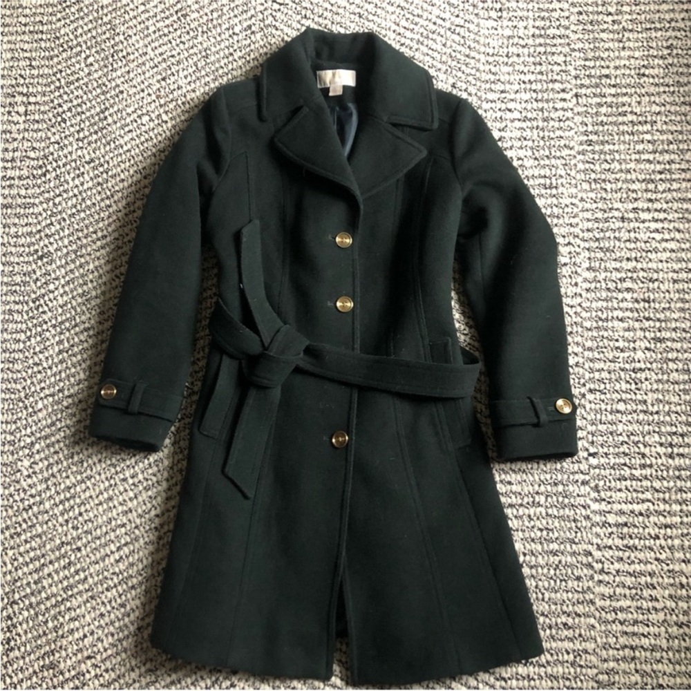 Michael Kors Wool Coat Tie-Waist, Dark Green, Gold Accents large.  Warm, elegant